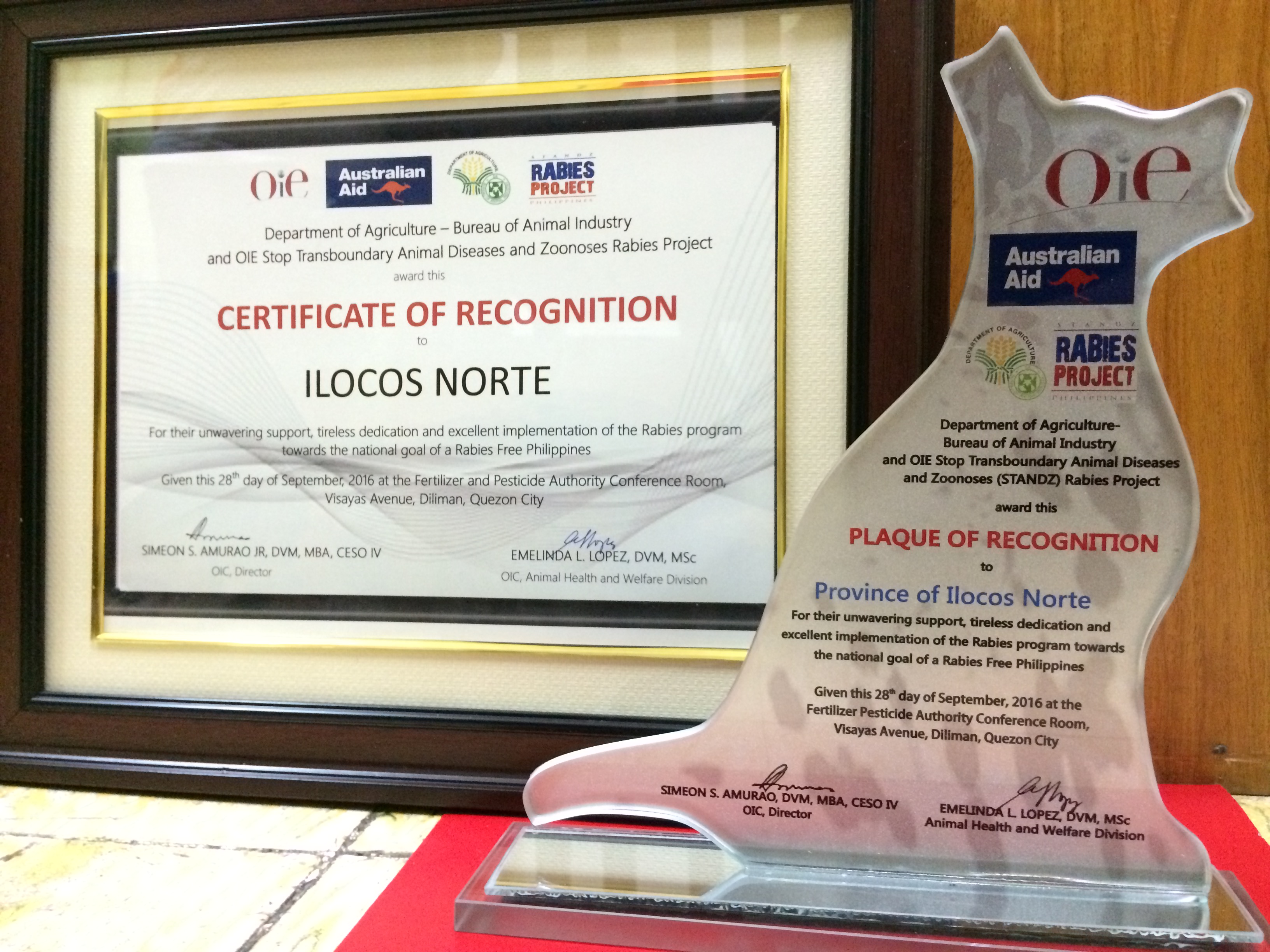 The plaque and trophy that GARC received when winning the best LGU award for the rabies elimination work done in Ilocos Norte,Philippines. 