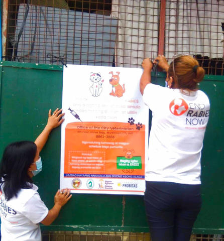 CBRS health workers hang GARC rabies education and awareness posters in the Philippines 