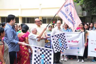 Rally being flagged off by Air Comm.J L N Sastry, on 28th September  at Bhavans college, along with Mr.Siddharth Daga and Mr.Ajit Nair of Vins Bioproducts