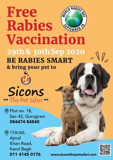 On world rabies day, visit Sicons The Pet Safari & get *FREE* rabies vaccination- 29 & 30 Sep Mark the date  Karol Bagh 011-41450176 Gurgaon 84474 84840 Be rabies smart