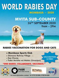 Commemorating World Rabies Day on 26th Sept Free Rabies Vaccination Camp 2020 - Mombasa Sub County 