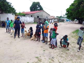 Children lining up for vaccines with senior vet nurse Fatou Conta