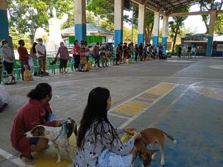 The pet parents lining up waiting for their pet's name to be called.