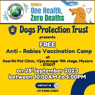 Dogs Protection Trust presents FREE Anti - Rabies Vaccination Camp at Keerthi Pet Clinic, Vicygnogar 4th stage, Mysore on 28 September 2023 between 0:00AM to 5:00PM