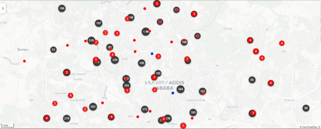 Figure 2: Map of positive animal rabies cases (red dots) and human rabies cases (blue dots) overlaid with vaccination data (black dots) within Addis Ababa, Ethiopia
