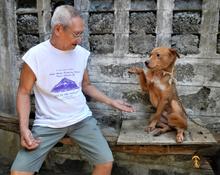 A man high-fives his pet dog after it gets vaccinated against rabies, Philippines. 