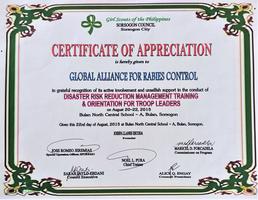 Certificate award for GARCs work in disaster risk reduction for rabies elimination