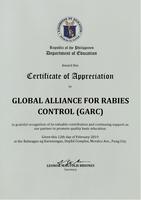 Certificate award for GARCs contribution to integrating rabies into national education curriculum, Philippines 2019