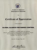 Certificate award for GARCs contribution to rabies education and Brigada Eskwela 2017