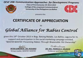 Certificate of Appreciation for GARCs Social Media Campaign towards rabies elimination.